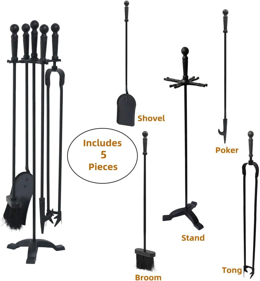 Voda 5 Pieces Fireplace Tools Set 29.13in (74cm) Cast Iron Black Fireplace Accessories for Indoor and Outdoor Fireplace Tool Sets